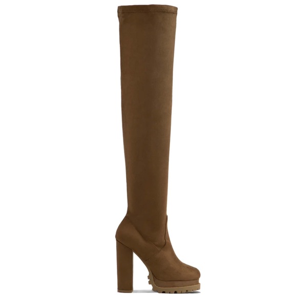 Light Brown Faux Suede Stretchy Thigh High Lug Boots - Picture 5 of 9